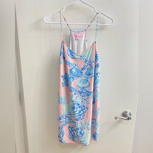 Pink & Blue 100% Silk Seashell Print Strappy Sundress Beachy Coastal Mini Dress